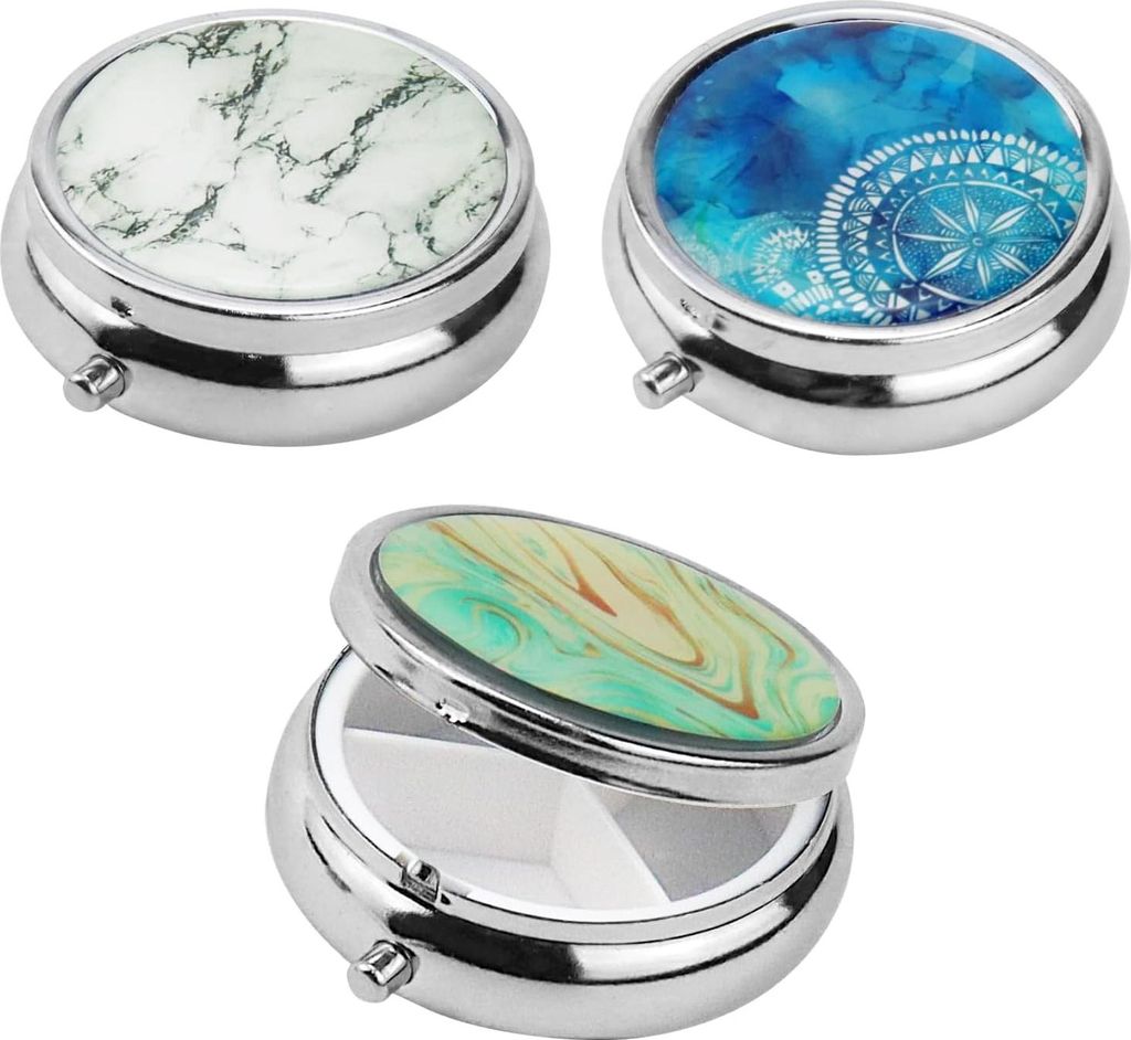 Pillendose Metall - 3 Stück mit Spiegel und 3 Fächern - Rundes Pillendöschen für Vitamine - Praktisch für unterwegs - Tablettendöschen - Pill...