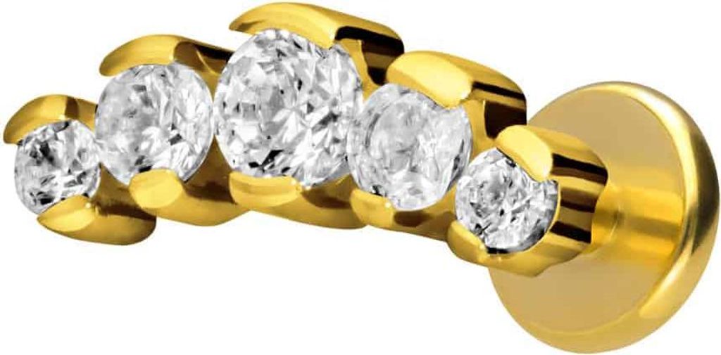 Ohrpiercing, Nasenpiercing Titan Labret mit Innengewinde 5 EINGEFASSTE KRISTALLE Gold Stablänge: 7mm | Stabstärke: 1,2mm
