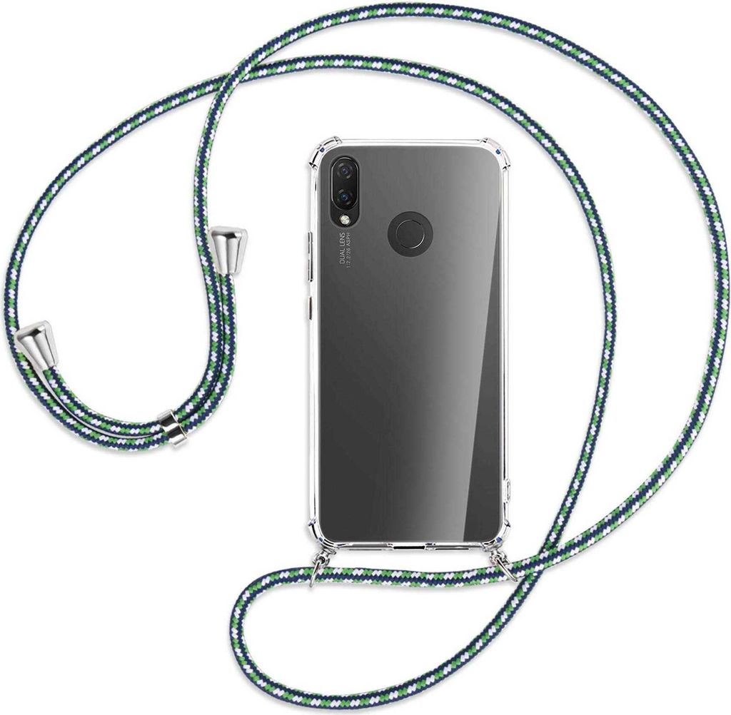 Handykette Backcover-Schutzhülle mit Band (Metall silberfarben) für Huawei P Smart Plus, nova 3 / 3i - grün/blau/weiß