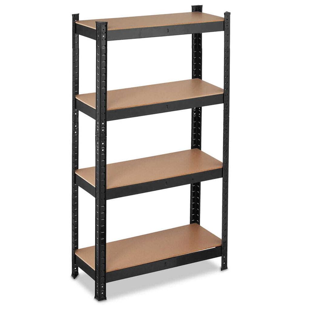 A four-tier shelving unit with black metal frames and brown particleboard shelves, presented against a white background.