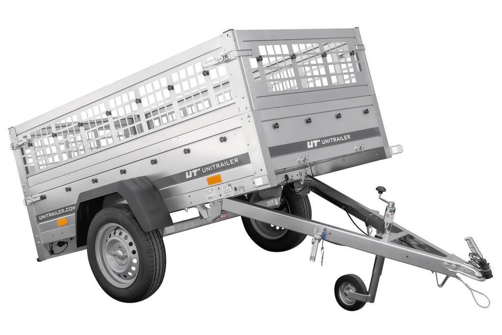 A silver garden trailer with a cage-like attachment is shown against a white background.