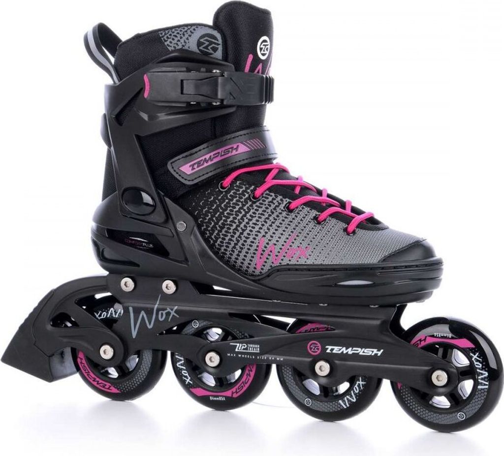 A single black and gray inline skate with pink laces and accents, shown from a side-angle on a white background.