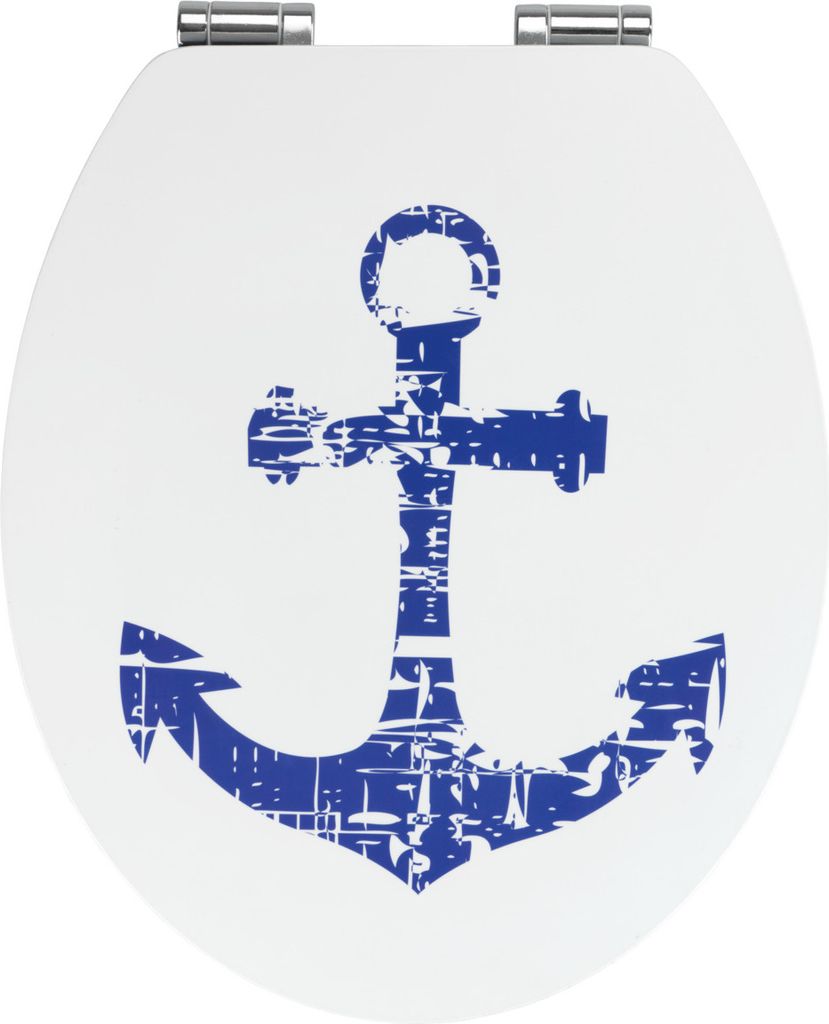 A toilet seat with a blue anchor design.