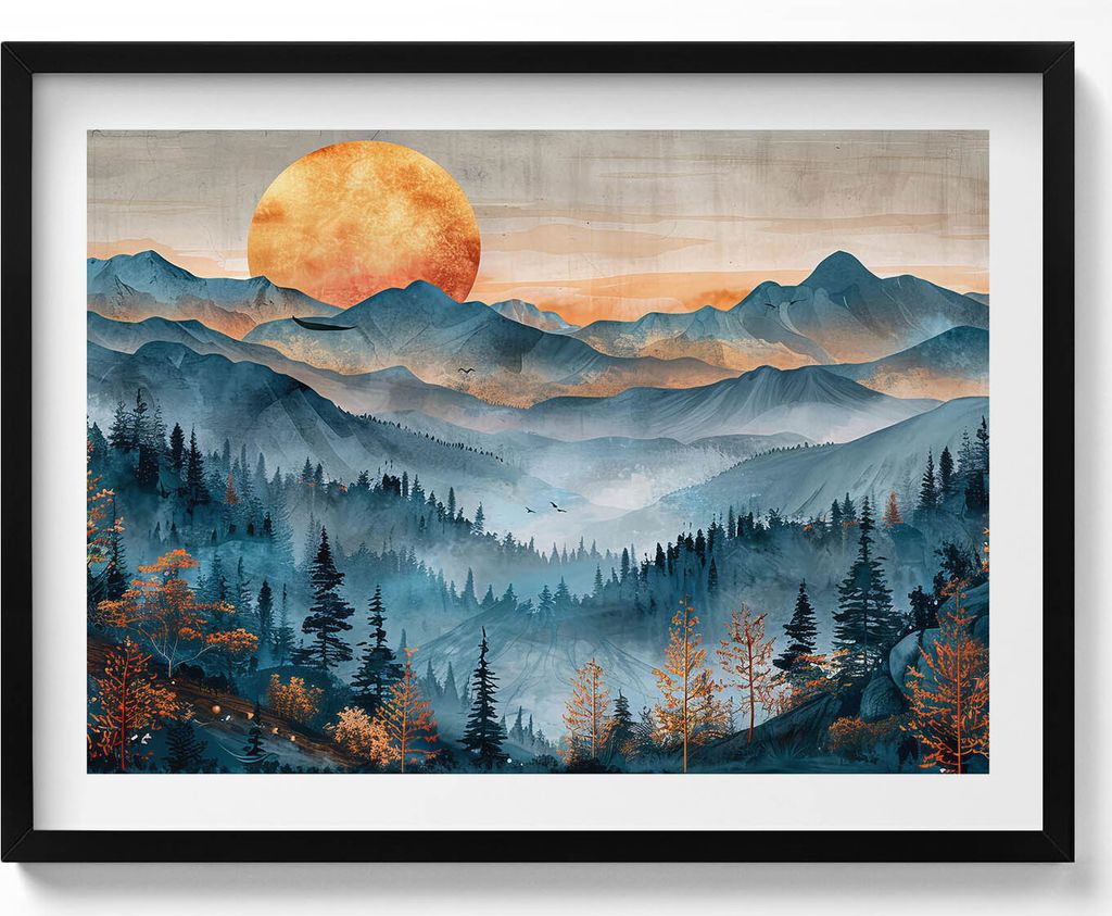 Abstrakte Sonnenlandschaft über Bergen und Wäldern– Wandbild mit Rahmen – Gerahmtes Bild – Wanddekoration – 80x60 cm – Schwarz Rahmen