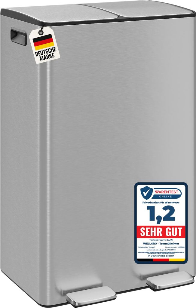 WELLGRO Treteimer 2x30L Silber – Edelstahl mit Softclose & Produktbild 