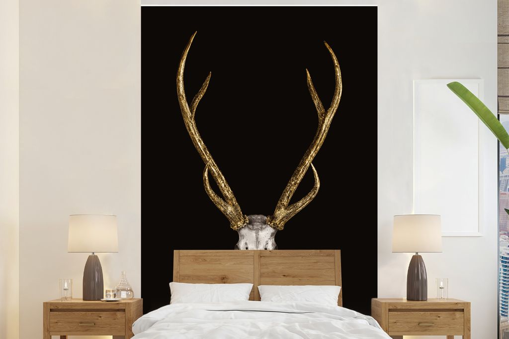 MuchoWow Fototapete für Wohnzimmer oder Schlafzimmer Wandtapete Vinyl Motivtapete Hirsch - Totenkopf - Gold - 155x240 cm - Tapete