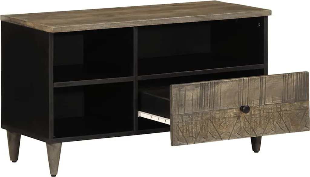 Mobile TV Vintage SYFAX 80x33x46cm: Legno Massello Mango Nero Opaco