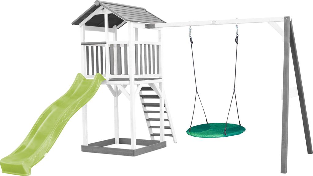 AXI Beach Tower Spielturm aus Holz in Weiß & Grau | Spielhaus für Kinder mit hellgrüner Rutsche, Nestschaukel und Sandkasten | Stelzenhaus für ...