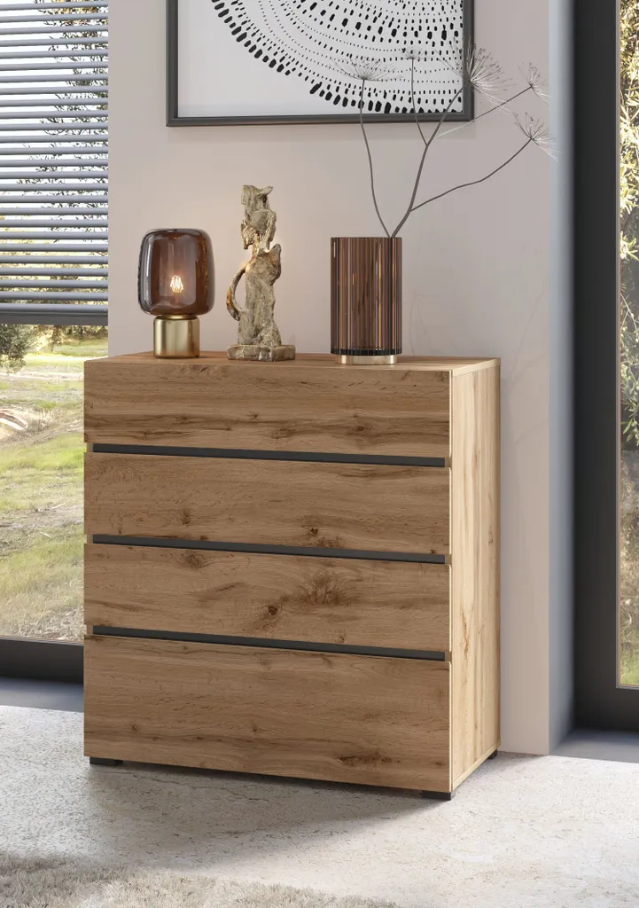 Commode de Rangement GLENROSE Chêne et Noir - Meuble Buffet de Chambre