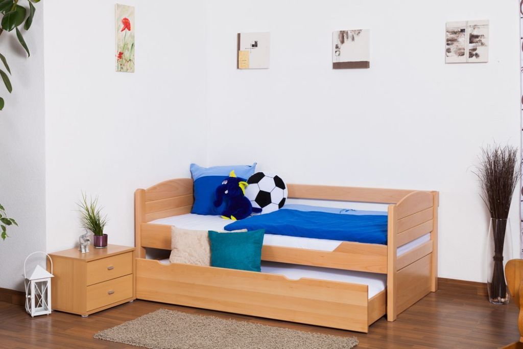 Kinderbett / Jugendbett "Easy Premium Line" K1/s Voll inkl. 2. Liegeplatz und 2 Abdeckblenden, 90 x 200 cm Buche Vollholz massiv Natur