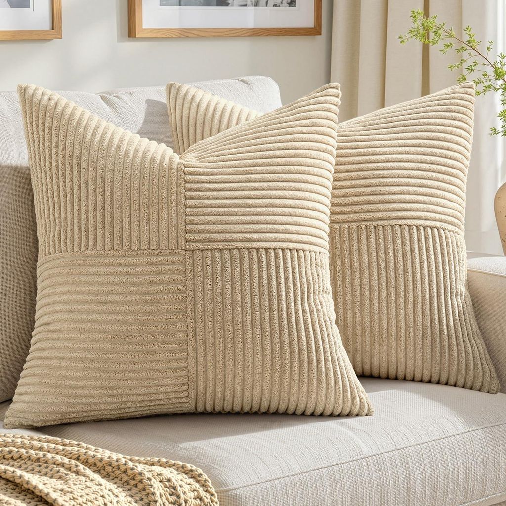 Set mit 2 Kissenbezügen, 40 x 40 cm, cremefarbener Cord, Dekokissen, Sofakissen, Kissenbezüge, Patchwork-Cord-Dekokissen für Sofa, Wohnaccessoires