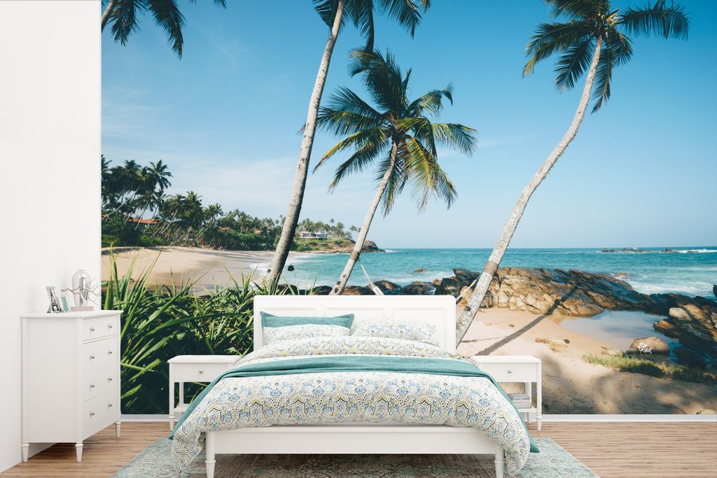 MuchoWow Fototapete für Wohnzimmer oder Schlafzimmer Wandtapete Vinyl Motivtapete Eine Hängematte an einem Privatstrand in Tangalle, Ceylon - 3...