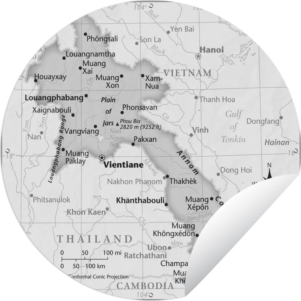 MuchoWow Gartenposter Outdoor-Poster Rund Illustration der Landkarte von Laos - schwarz und weiß Ø 60 cm Gartendeko Rundes Poster draußen