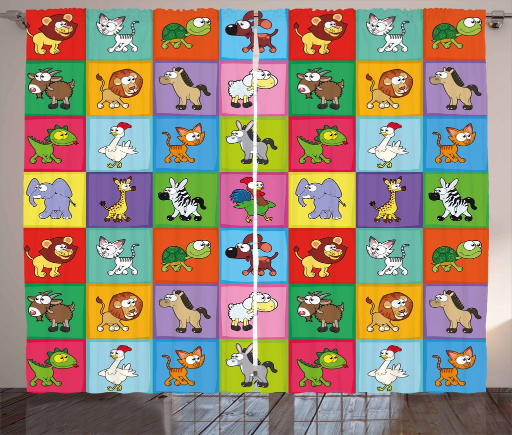 ABAKUHAUS Kindergarten Rustikaler Gardine, Lustige Junge Tiere, Schlafzimmer Kräuselband Vorhang mit Schlaufen und Haken, 280 x 175 cm, Mehrfarbig