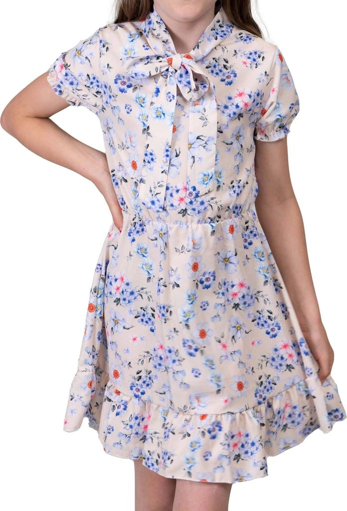 KMISSO Mädchen Kleid kurze Ärmel Voant Stehkragen Creme 104