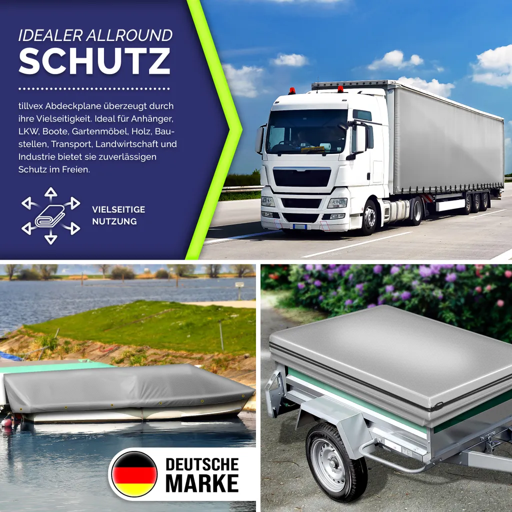 tillvex® telone grigio 4x6 m con occhielli + 10 ganci e 15 m di corda | telone in tessuto 650g/m² impermeabile e antistrappo | telone premium in PVC universale per camion, piscina, mobili da giardino in legno | telone per giardino - 6