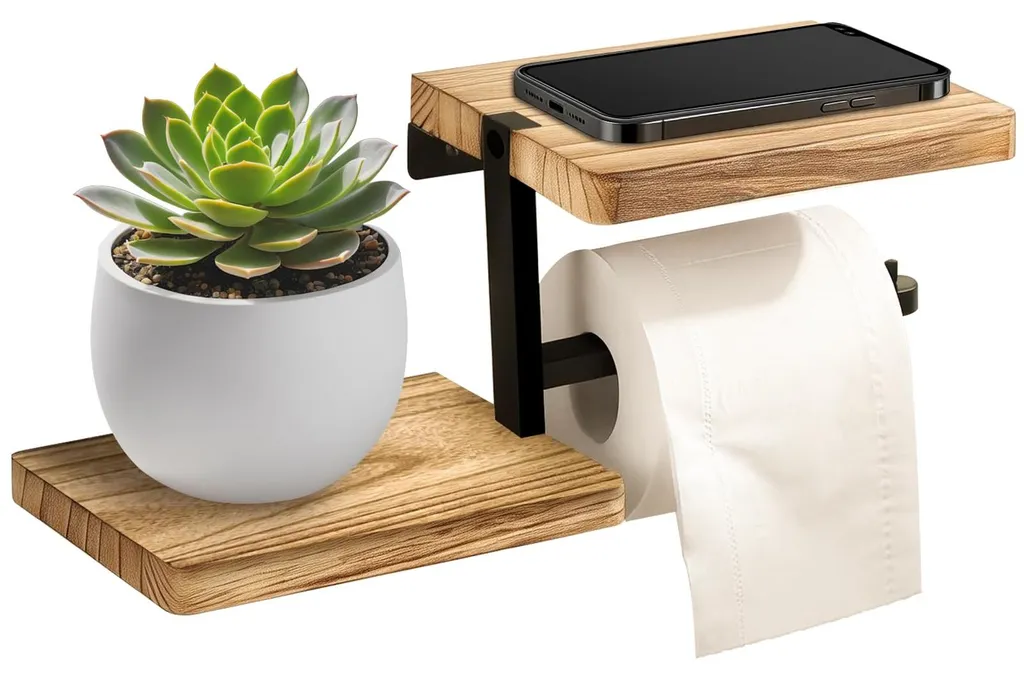 Porte-rouleau WC vintage en métal noir avec double support et tablette