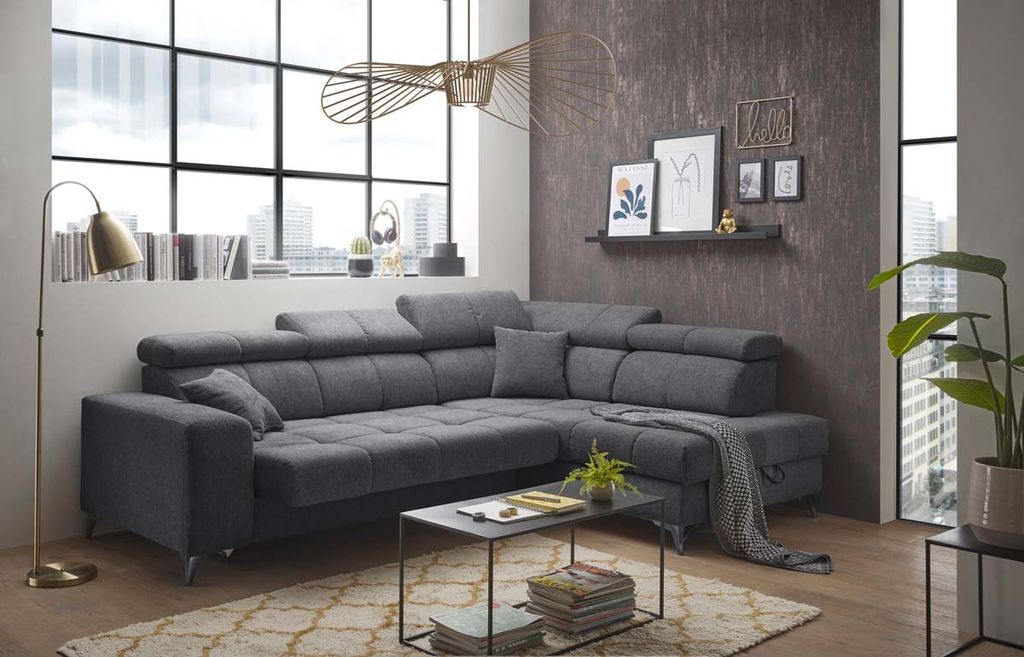 Sydney Ecksofa 282 x 128 cm, Funktion wählbar, Anthrazit, Ausführung:Rechts, Funktion:elektrische Sitztiefenverstellung & Bettkasten
