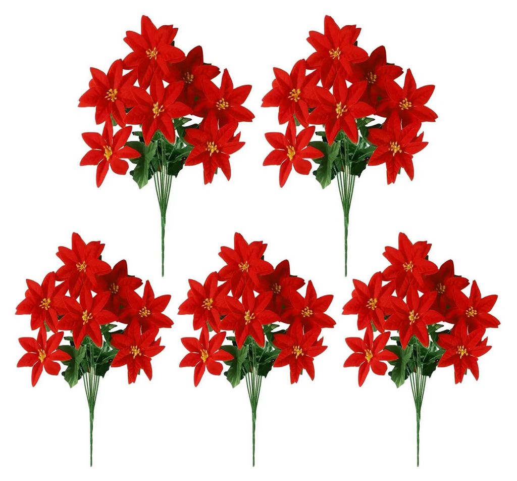 Künstlicher Weihnachtsstern (33 cm) mit 5/7 Blütenköpfen, rot, aus Kunstseide, mit Stiel, für Hochzeiten, Silvester, als Blumenarrangement oder...