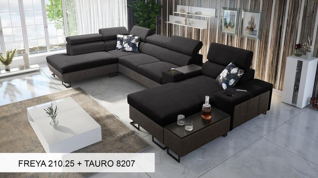 Großes Ecksofa XXL Couch U-Form MELODIE V - SCHWARZ FREYA 210.25 + TAURO 8207