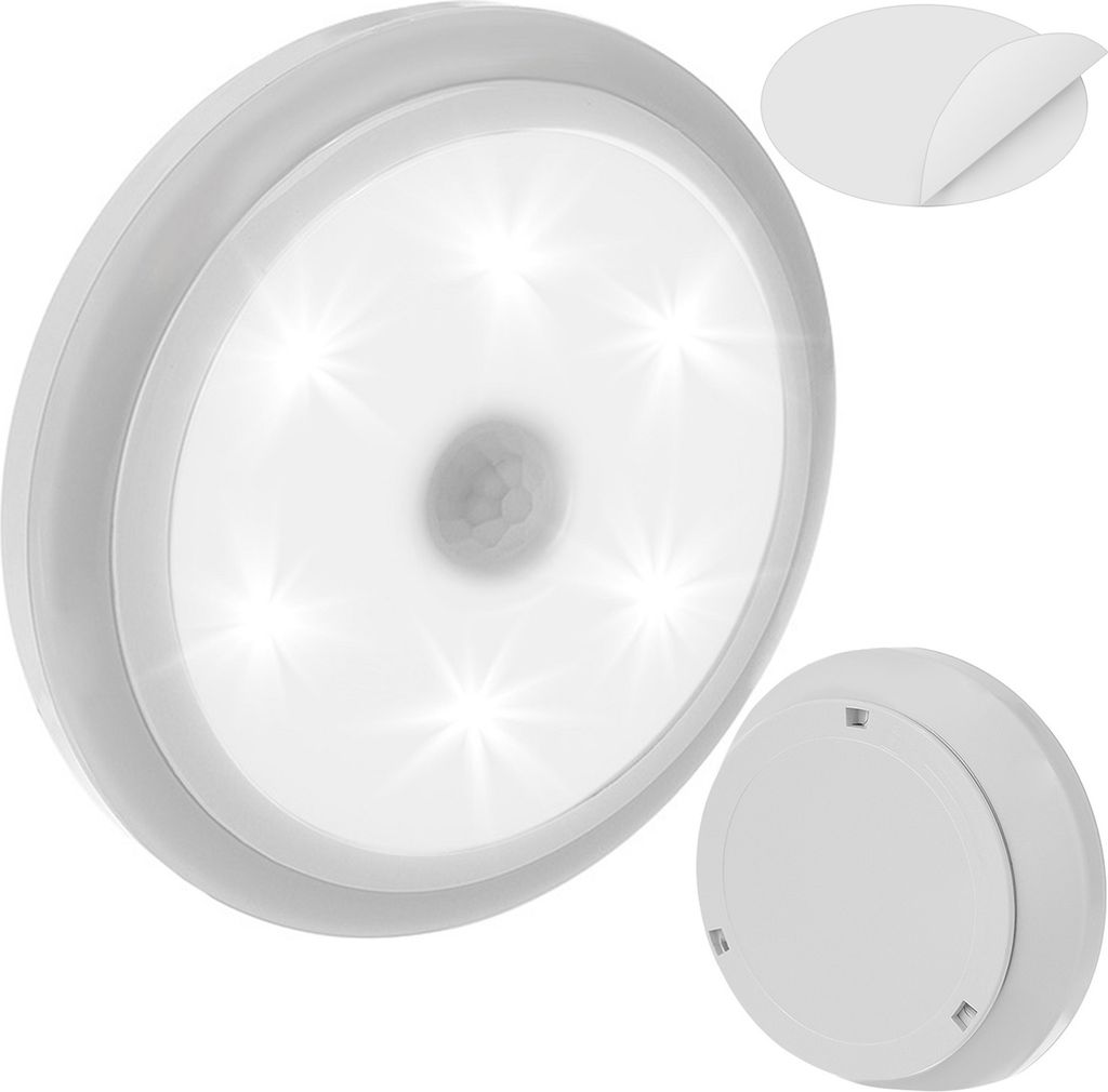 A white LED night light with a motion sensor is shown from a diagonal angle, with a separate adhesive pad and the light's base shown in smaller inset images.