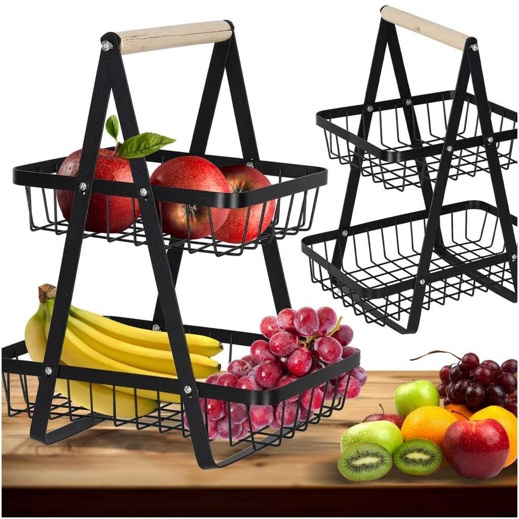 Cesta de frutas de dos niveles apiladas de metal y madera Imagen del producto 