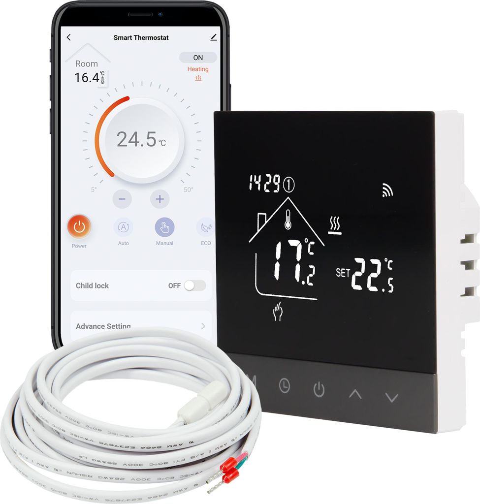 A smart thermostat and a smartphone displaying its app are shown together with a coiled cable.