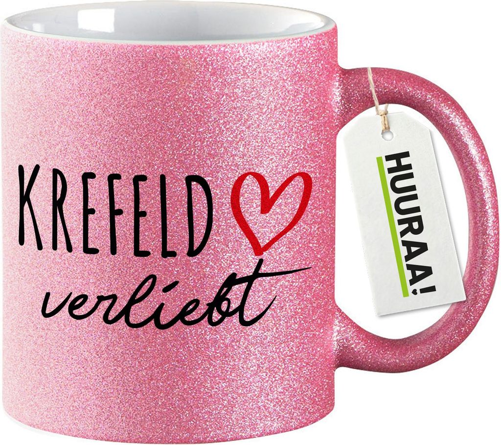 Huuraa Glitzertasse Krefeld verliebt 330ml Pink Keramik Kaffeebecher Geschenkidee