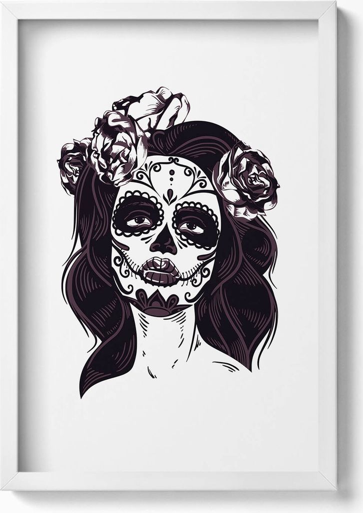 Illustration eines Mädchens im mexikanischen Stil– Wandbild mit Rahmen – Gerahmtes Bild – Wanddekoration – 40x60 cm – Weiß