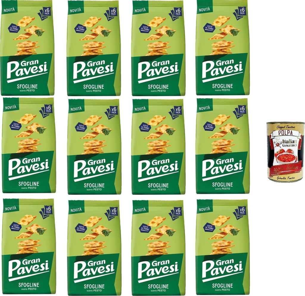 Gran Pavesi Sfogline Snack croccante di pasta sfoglia al gusto di Pesto Knuspriger Blätterteig-Snack mit Pesto-Geschmack, gebacken 12x180gr+Polpa ...