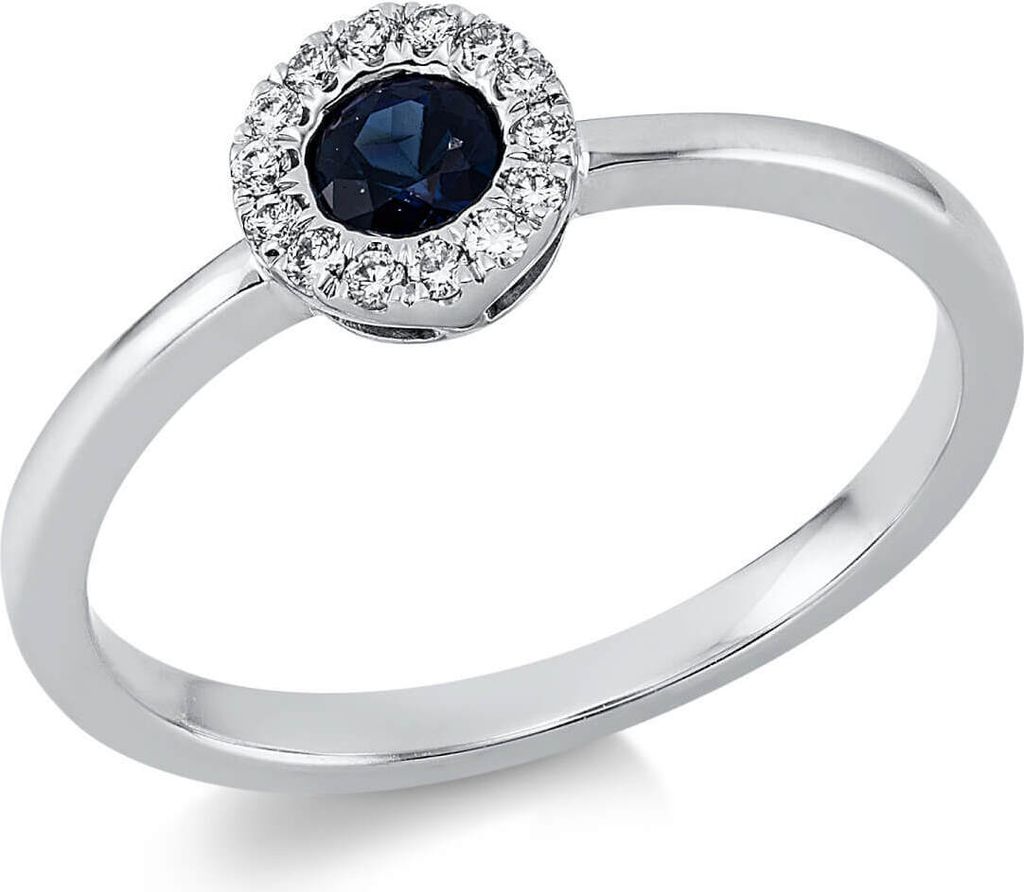Ring aus 750 Weißgold Saphir 0,28ct blau 14 Brillanten 0,08ct TW-SI Ø6,4mm Innenumfang 54mm Ø17.2mm
