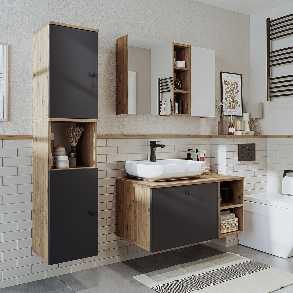 Roomart LOTUS-I-95 Badmöbel Set– 4-teiliges Badezimmermöbel Set - Waschbeckenunterschrank mit Keramikwaschbecken, Spiegelschrank & Hochschrank ...