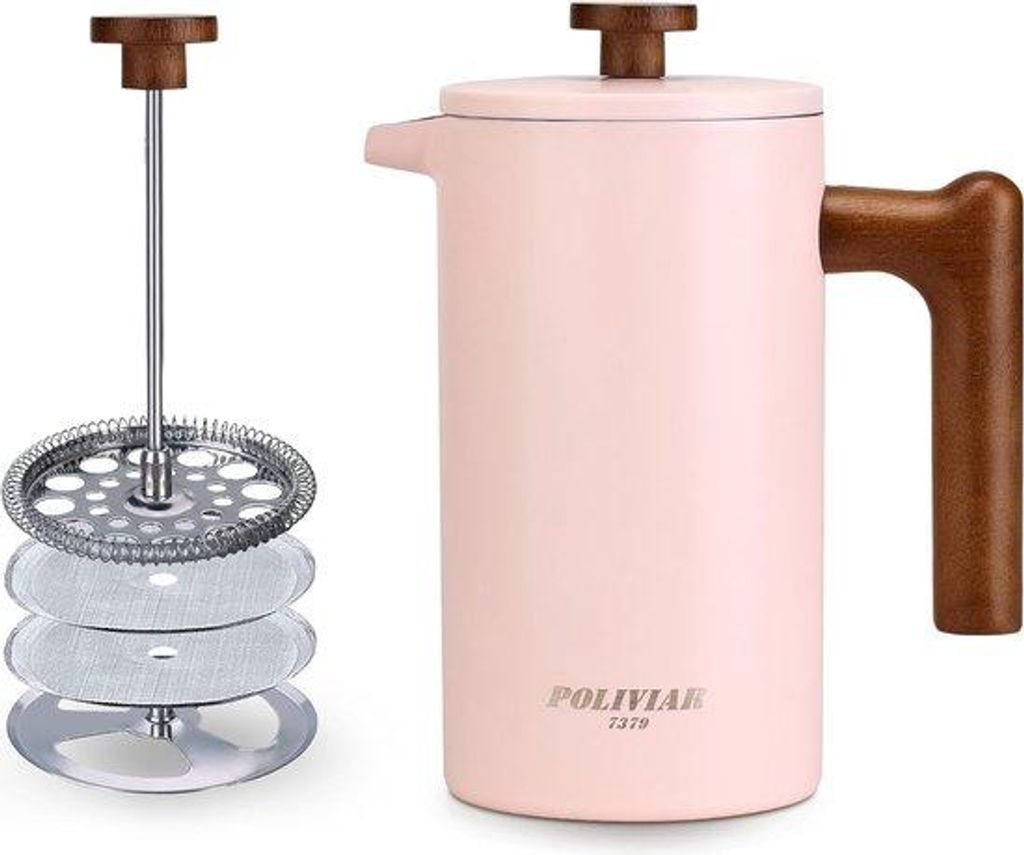 Französischer Kaffeebereiter, 1L, rosa, isoliert, Handfilter, Holzgriff