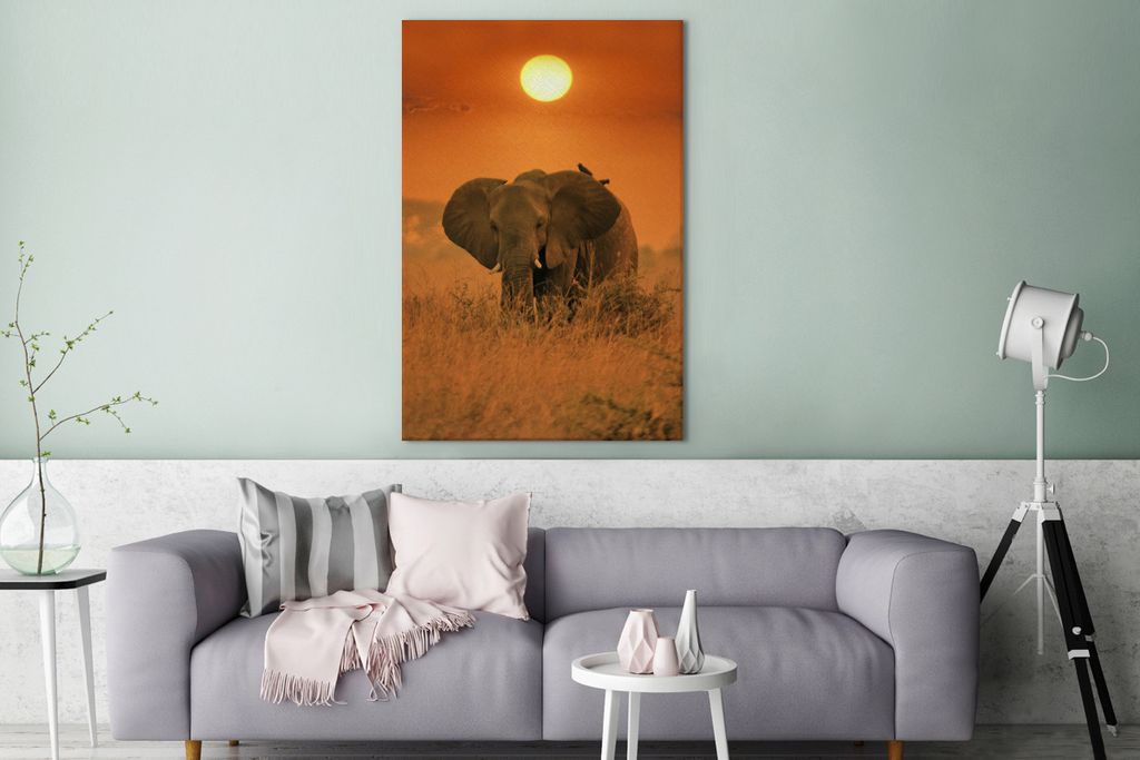 OneMillionCanvasses - Leinwandbilder - 90x140 cm, Elefant im Sonnenaufgang, Wandbilder Kunstdruck Wanddekoration - Wandschmucke - Schlafzimmer
