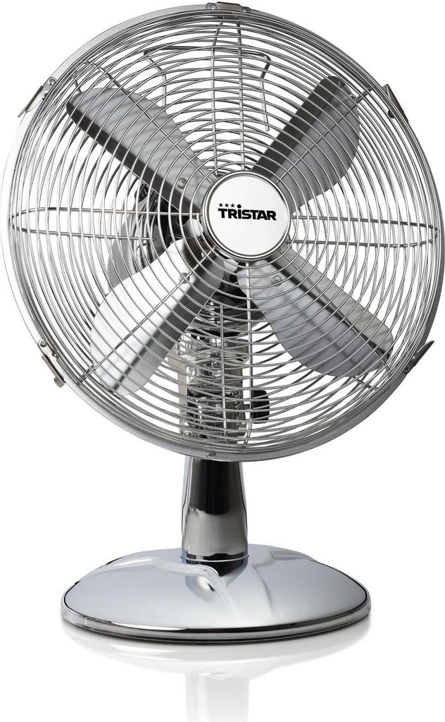 A silver Tristar table fan is shown against a white background.