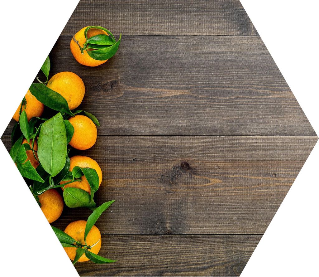 DEQORI Fototapete Sechseck 90x78 cm 'Orangen auf Holzbrettern' Wand Tapete Sticker