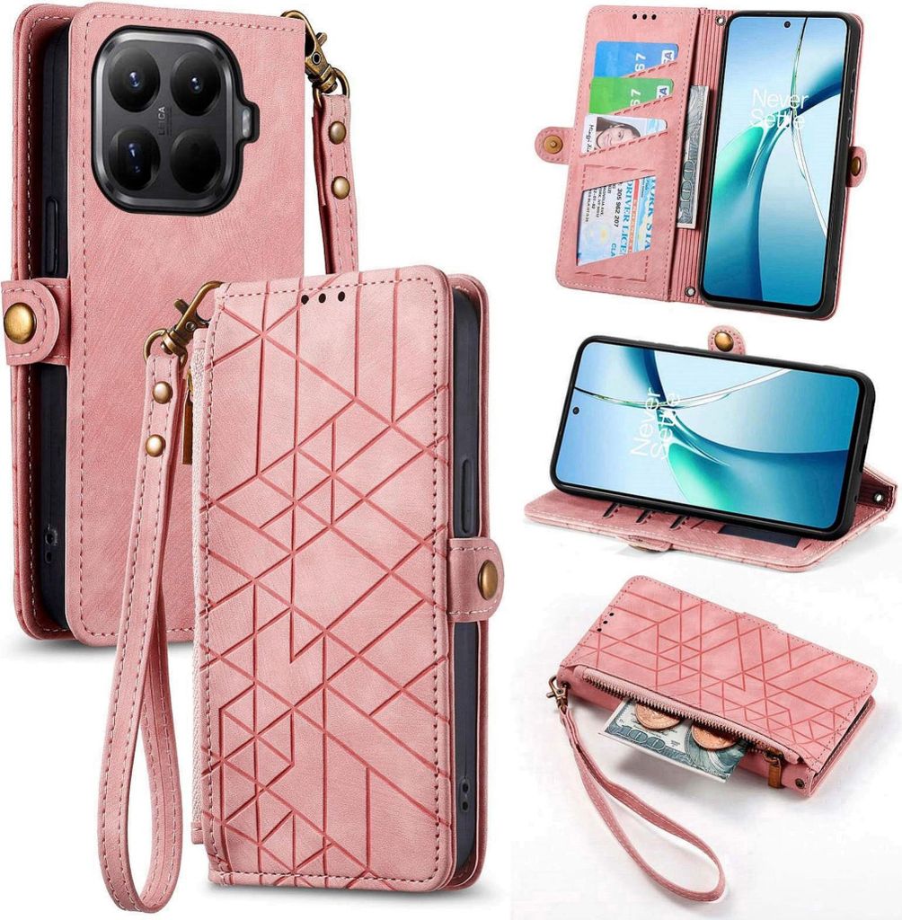 Für Xiaomi 15T Pro 5G Geometric Kunstleder Zipper Book Wallet Tasche Rosa