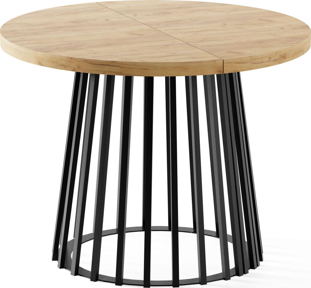 Runder Ausziehbarer Esstisch 100 bis 200 cm für 5–11 Personen mit Schwarzem Lamellen-Metallgestell – Eiche Hell Braun im Industrial Skandi Sti...