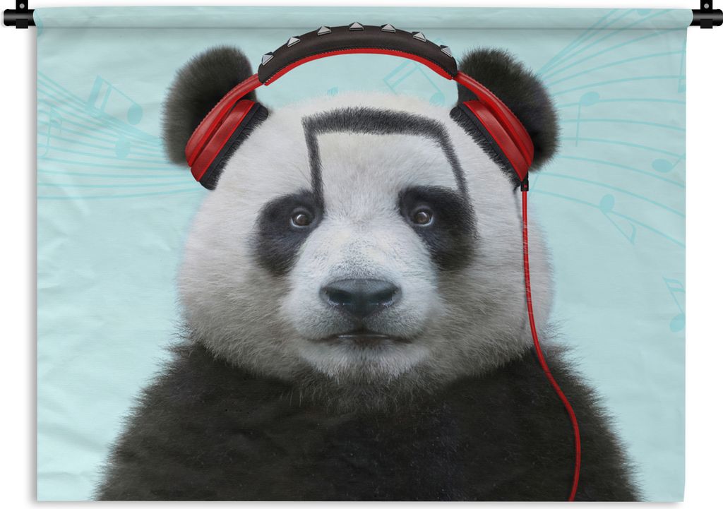 MuchoWow Wandteppich Wandbehang Panda - Kopfhörer - Tier - Musiknoten - Rot 120x90 cm Tapisserie Dekoration Wandtuch - Wohnen - Aufhänger für ...