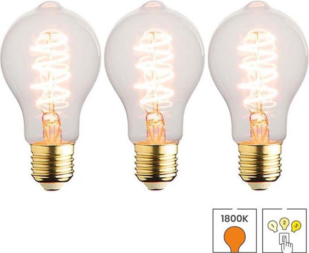 3-er Set LED-Lampen E27 | 3-stufig dimmbar | 5,5 Watt | 1800K extra warmweiß | A60 | Hell | Spiralförmige Glühwendel | Lybardo