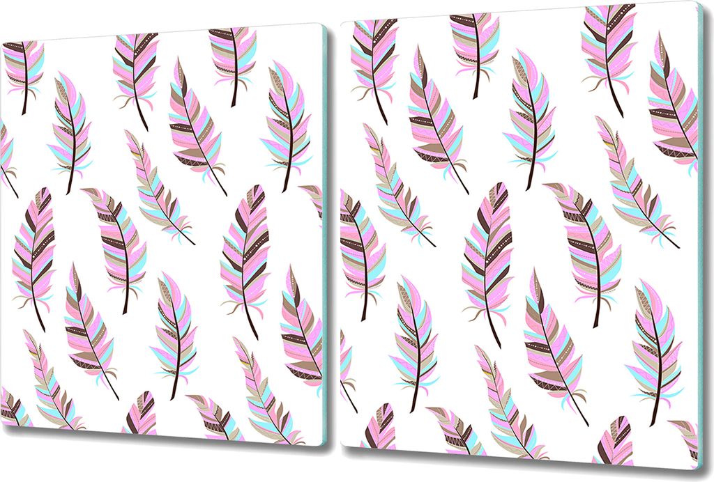 Glas-Herdabdeckplatte Glaskeramikkochfeld-Abdeckung Spritzschutz - 2x 40x52 cm - Federn rosa und weiß