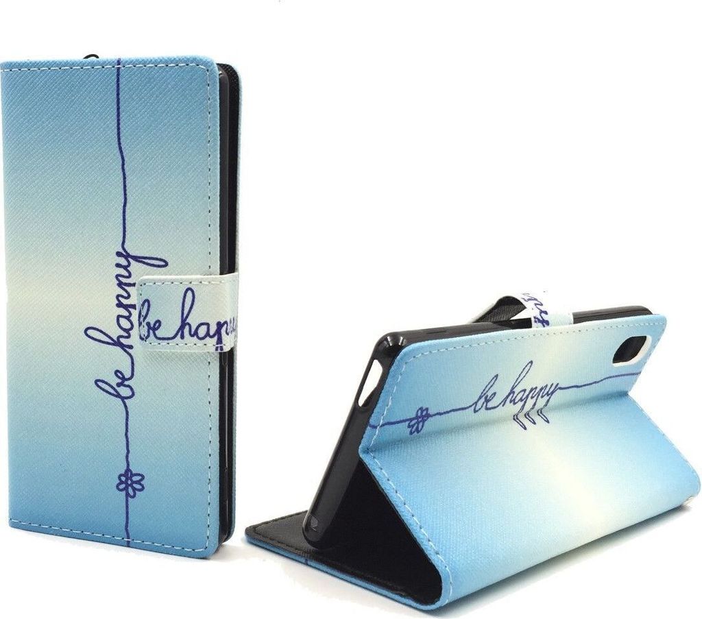 Handyhülle Tasche für Handy Sony Xperia M4 Aqua Schriftzug Be Happy Blau