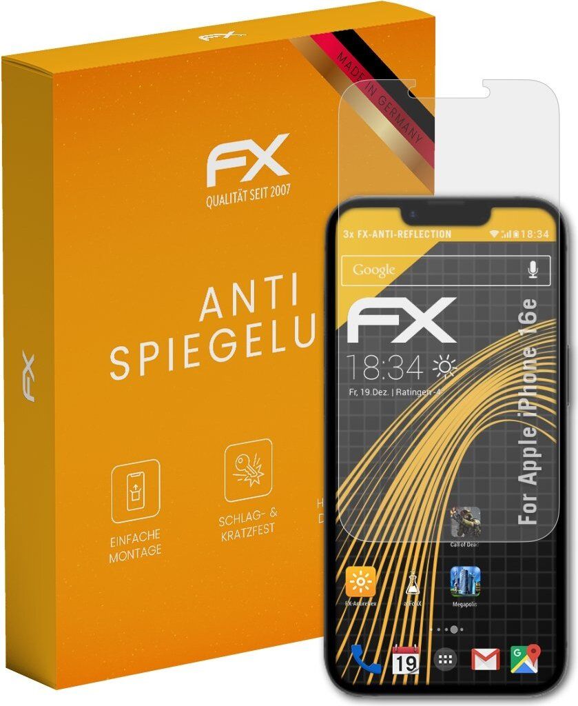 atFoliX FX-Antireflex 3x Schutzfolie kompatibel mit Apple iPhone 16e Displayfolie
