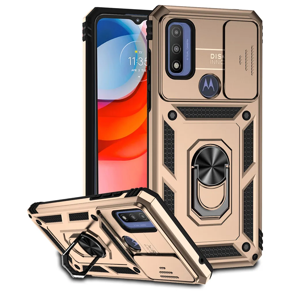 Custodia per Motorola G Pure a doppio strato con copertura scorrevole della fotocamera e supporto ad anello Oro