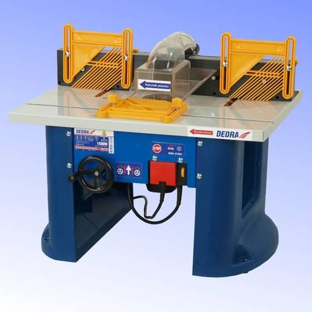 A woodworking router table is shown against a light blue background.