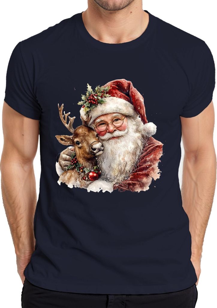 Weihnachtsmann mit Rentier Aquarell Vintage Geschenk Weihnachten Herren T-Shirt, Navy, L