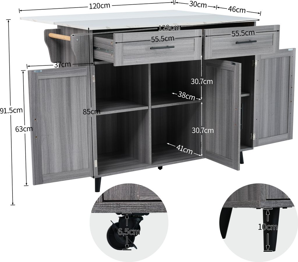 A grey kitchen island with drawers and cabinets, shown with dimensions and close-ups of the wheels and legs.