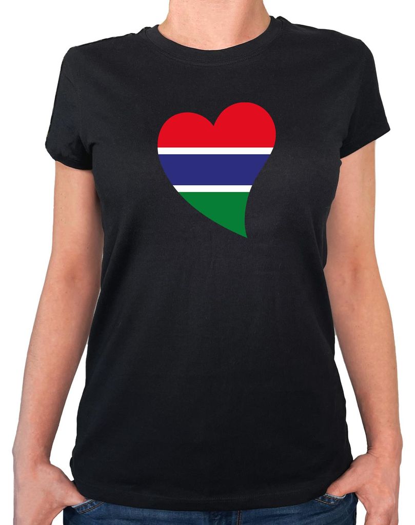 Huuraa Damen T-Shirt Gambia Flagge Herz L Black Bio Baumwolle Fairtrade Damenshirt Geschenkidee