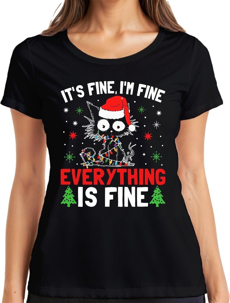 It's Fine I'm Fine Weihnachten Katze Lichter lustig Geschenk Damen T-Shirt, Schwarz, S