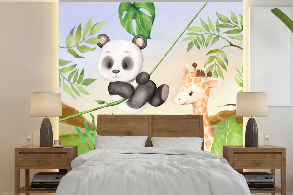 MuchoWow Fototapete für Wohnzimmer oder Schlafzimmer Wandtapete Vinyl Motivtapete Dschungel - Blätter - Tiere - Grün - 240x240 cm - Schlafzimm...